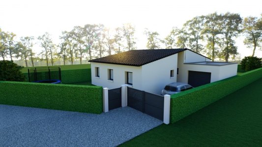 Maison plain pied avec garage, vue extérieure côté entrée, architecture contemporaine, Maisons Passion