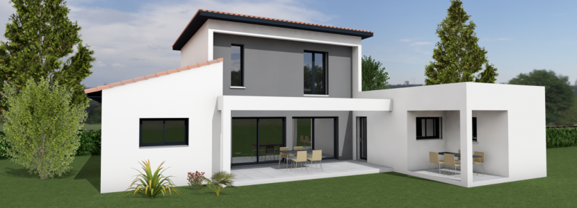 Maison à étage contemporaine, terrasse couverte, grandes baies vitrées, architecture moderne, construction Maisons Passion