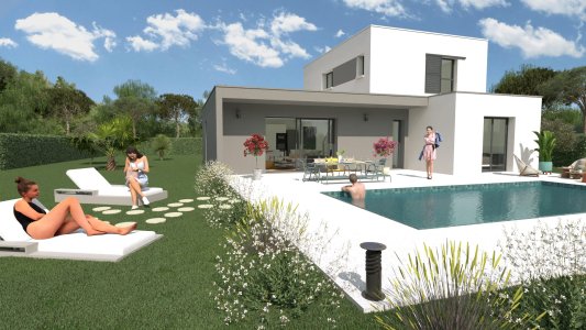 Vue jardin d’une maison contemporaine à étage avec piscine, terrasse et espaces extérieurs aménagés – inspiration 1.02