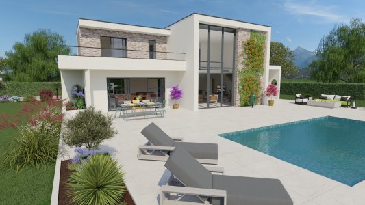 Vue jardin d’une maison contemporaine à étage avec piscine, grandes baies vitrées, volumes modernes et façade végétalisée – inspiration Maisons Passion réf. 1.03