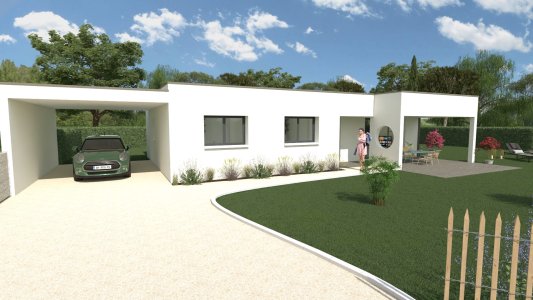 Maison plain-pied contemporaine, vue entrée avec carport et architecture moderne, inspiration Maisons Passion