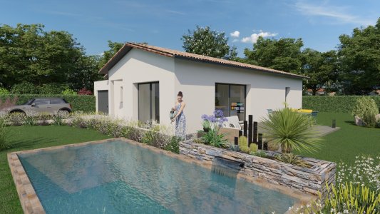 Maison moderne de plain-pied 90 m² avec 3 chambres et garage, vue jardin avec piscine