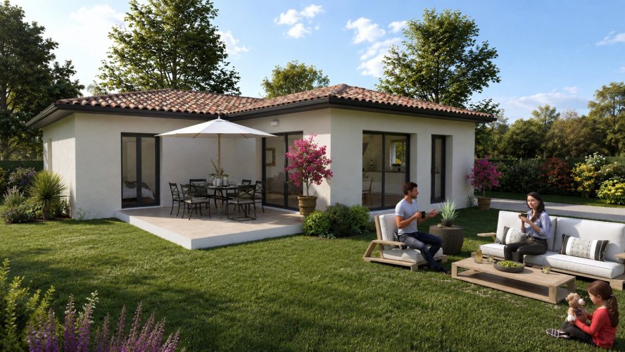 Maison contemporaine en L avec grande pièce de vie et terrasse