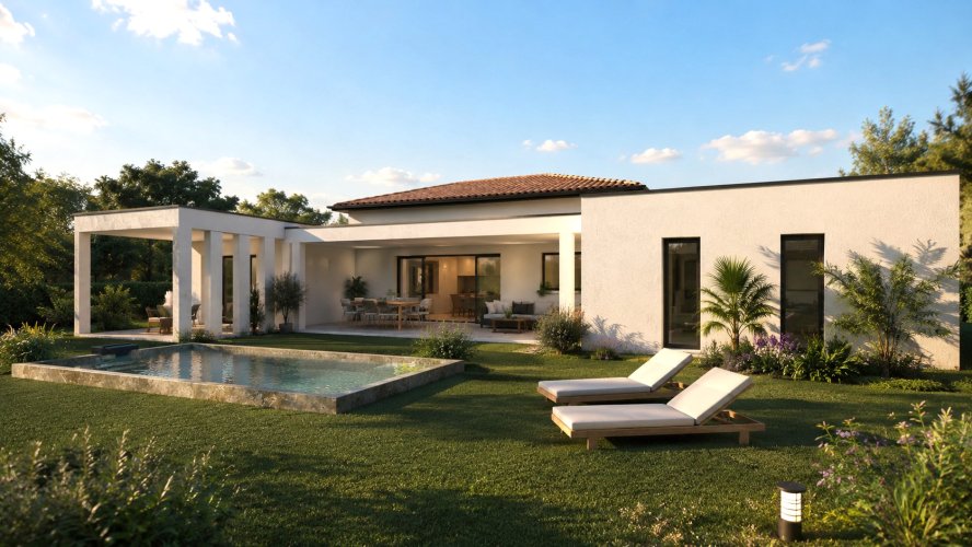 Maison contemporaine en U avec patio et grande pièce de vie
