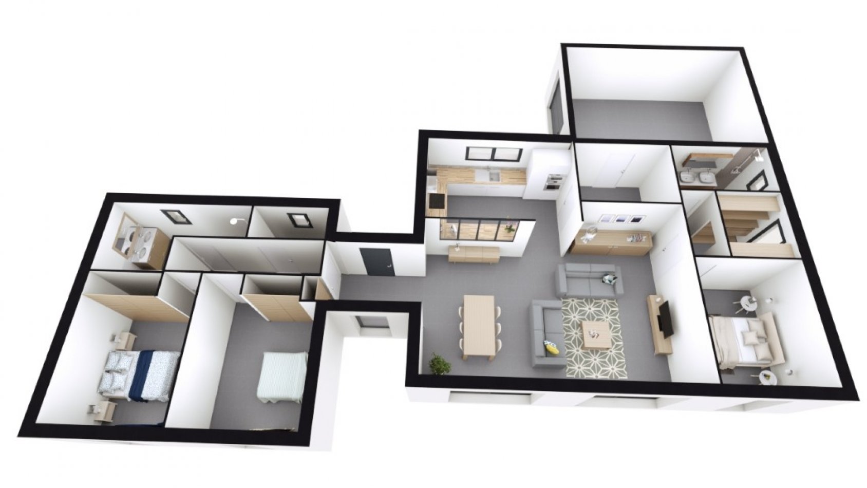 Plan 3D intérieur d’une maison plain-pied contemporaine avec grande pièce de vie ouverte et espace nuit séparé