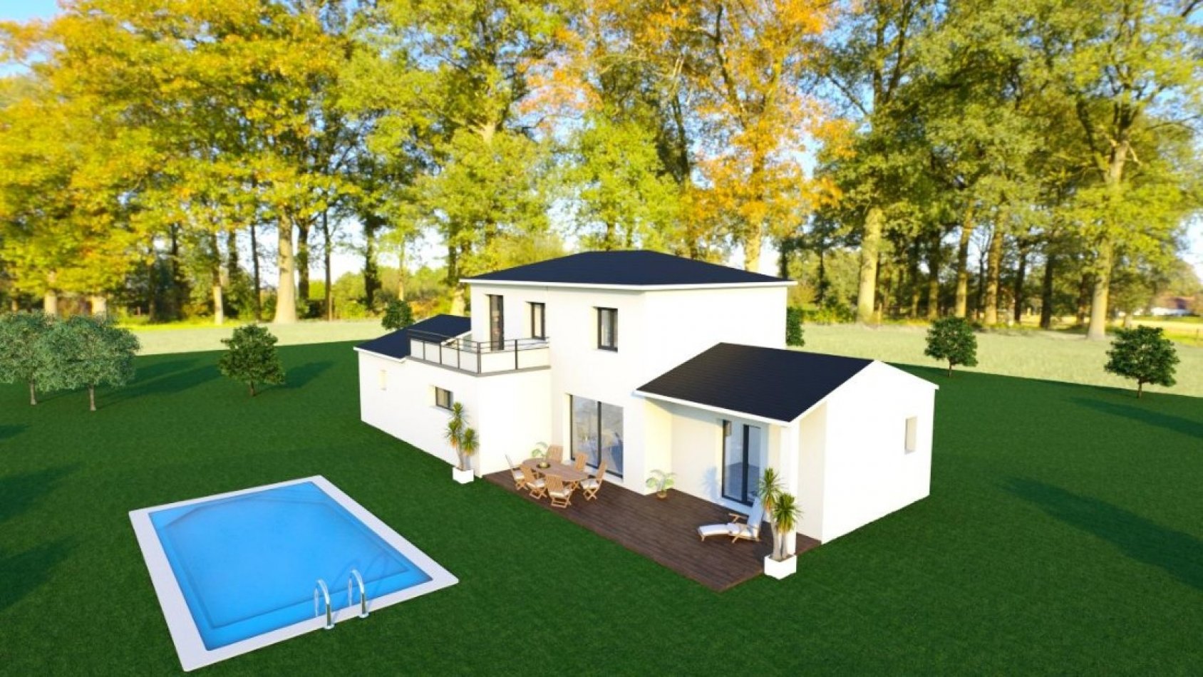 Vue 3D extérieure en hauteur d’une maison contemporaine à étage avec terrasse et piscine, Maisons Passion