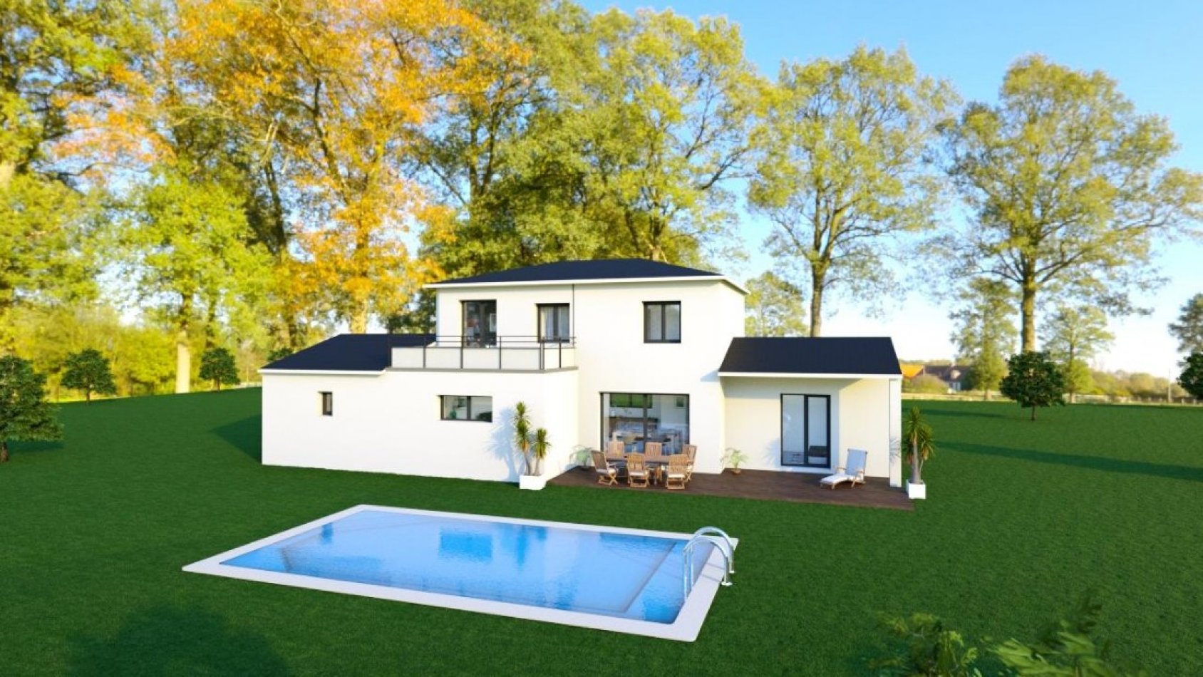 Vue 3D extérieure d’une maison contemporaine à étage avec terrasse et piscine, Maisons Passion