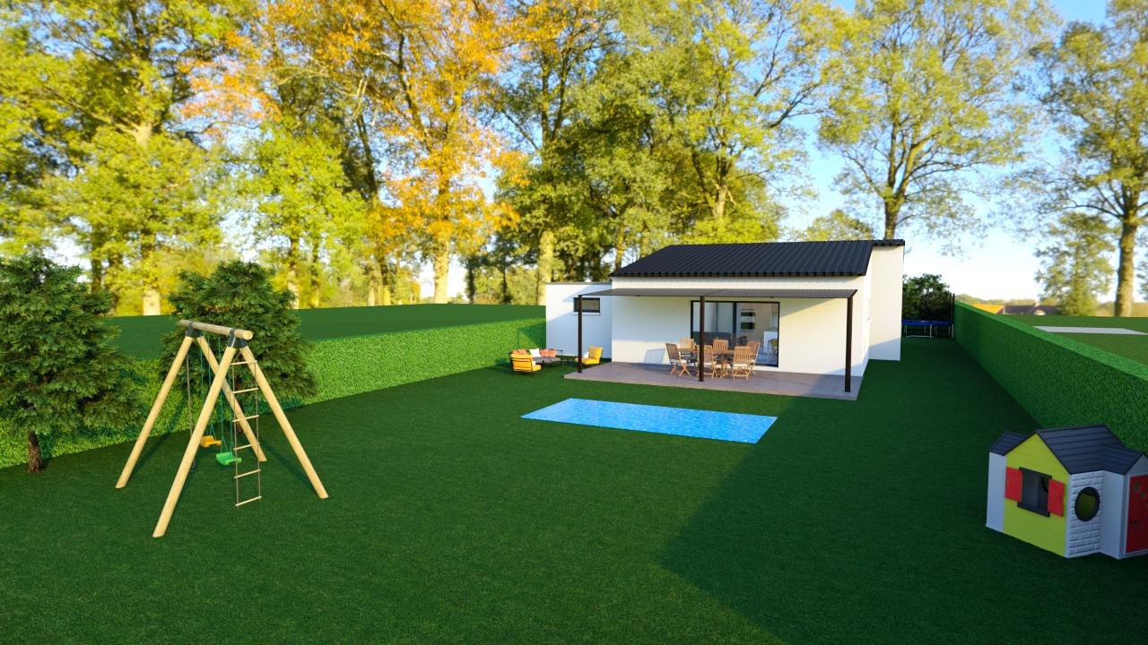 Maison plain pied avec garage, vue extérieure côté entrée, architecture contemporaine, Maisons Passion