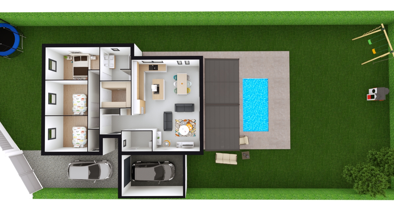 Plan 3D intérieur maison plain pied, séjour cuisine ouverte et garage, projet Maisons Passion
