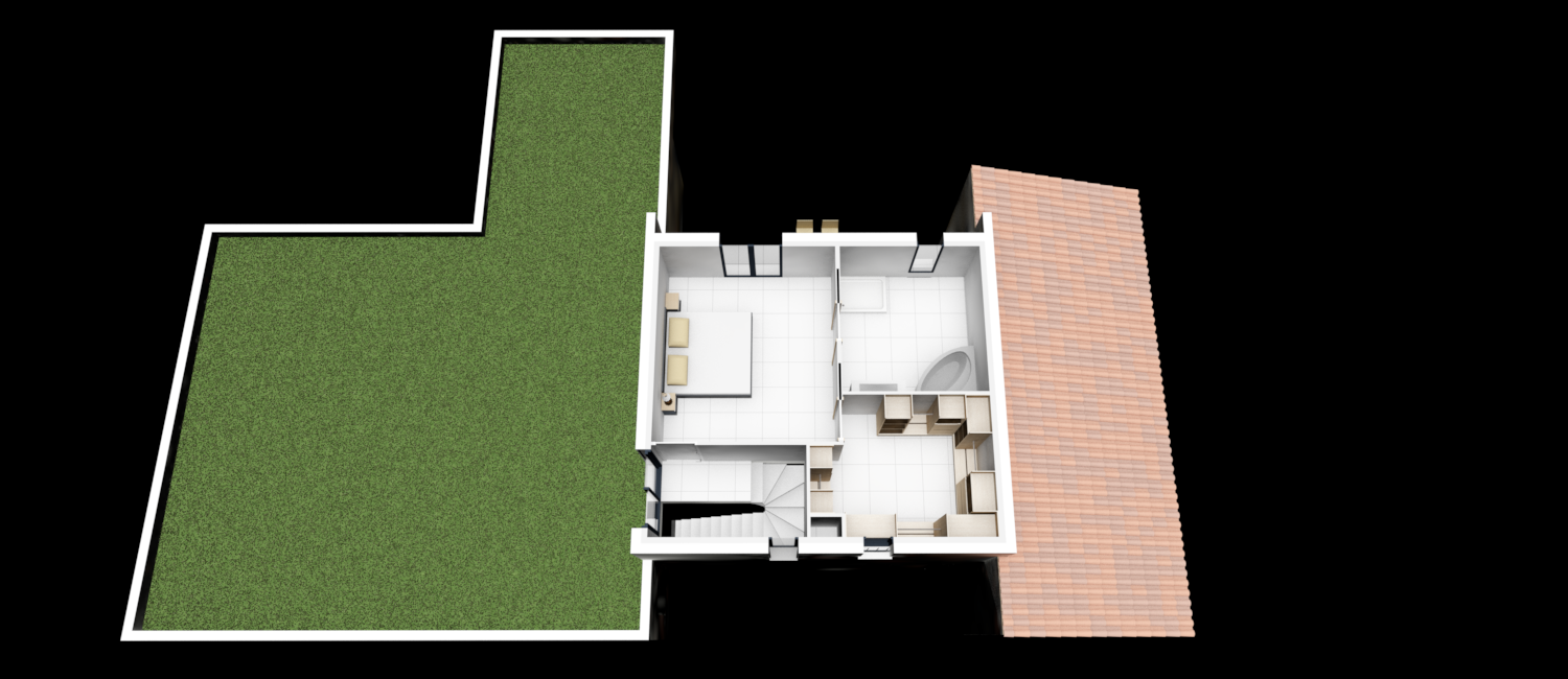 Plan 3D de l’étage d’une maison contemporaine avec chambres et salle de bains