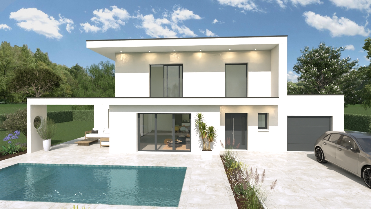Maison contemporaine à étage avec toit plat, grandes baies vitrées, piscine et terrasse – construction sur mesure Maisons Passion en Drôme