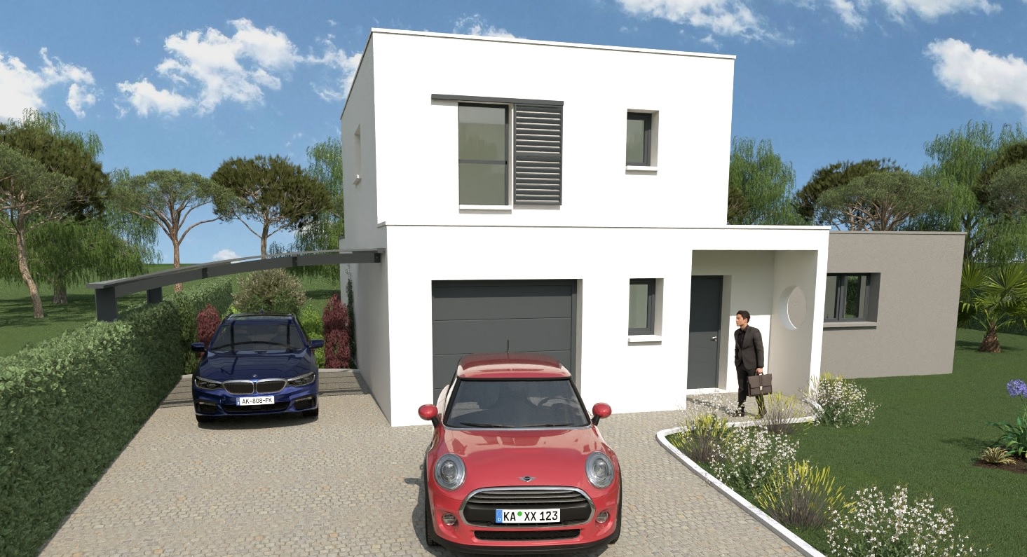 Façade avant d’une maison contemporaine à étage avec volumes cubiques, garage et accès piéton – inspiration 1.02