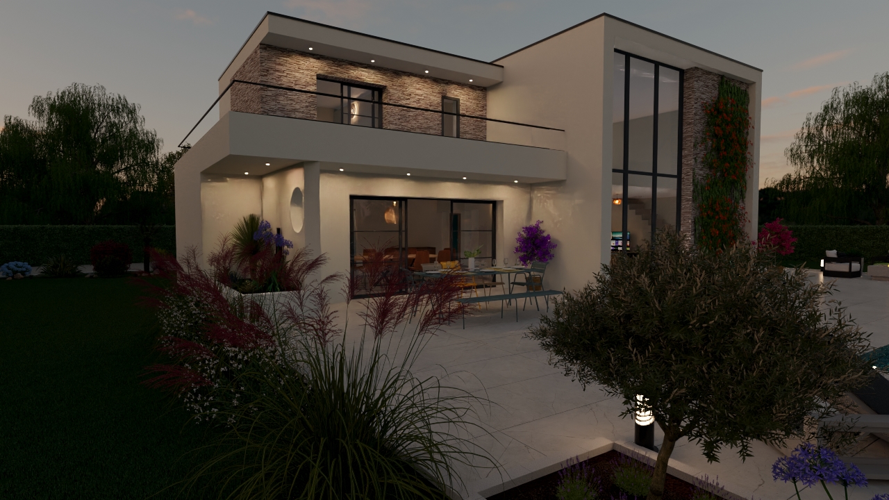 Maison contemporaine à étage vue de nuit, architecture moderne avec volumes cubiques, grandes baies vitrées éclairées, terrasse et jardin paysager, inspiration Maisons Passion référence 1.03