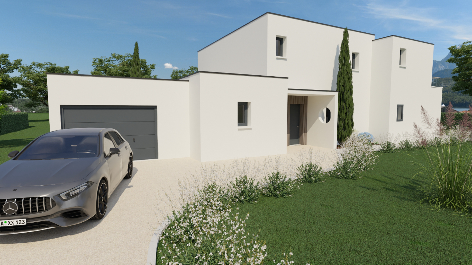 Maison contemporaine à étage, vue entrée avec garage intégré, architecture moderne signée Maisons Passion