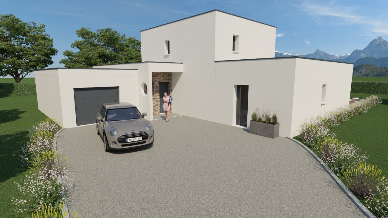 Maison à étage contemporaine, vue entrée avec garage intégré et volumes cubiques, inspiration Maisons Passion