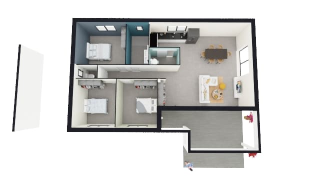 Plan 3D maison plain-pied, organisation intérieure avec trois chambres et pièce de vie ouverte