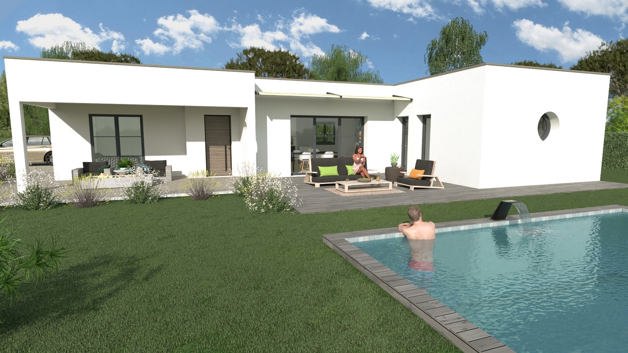 Maison plain pied contemporaine 100 m², vue jardin avec terrasse et piscine