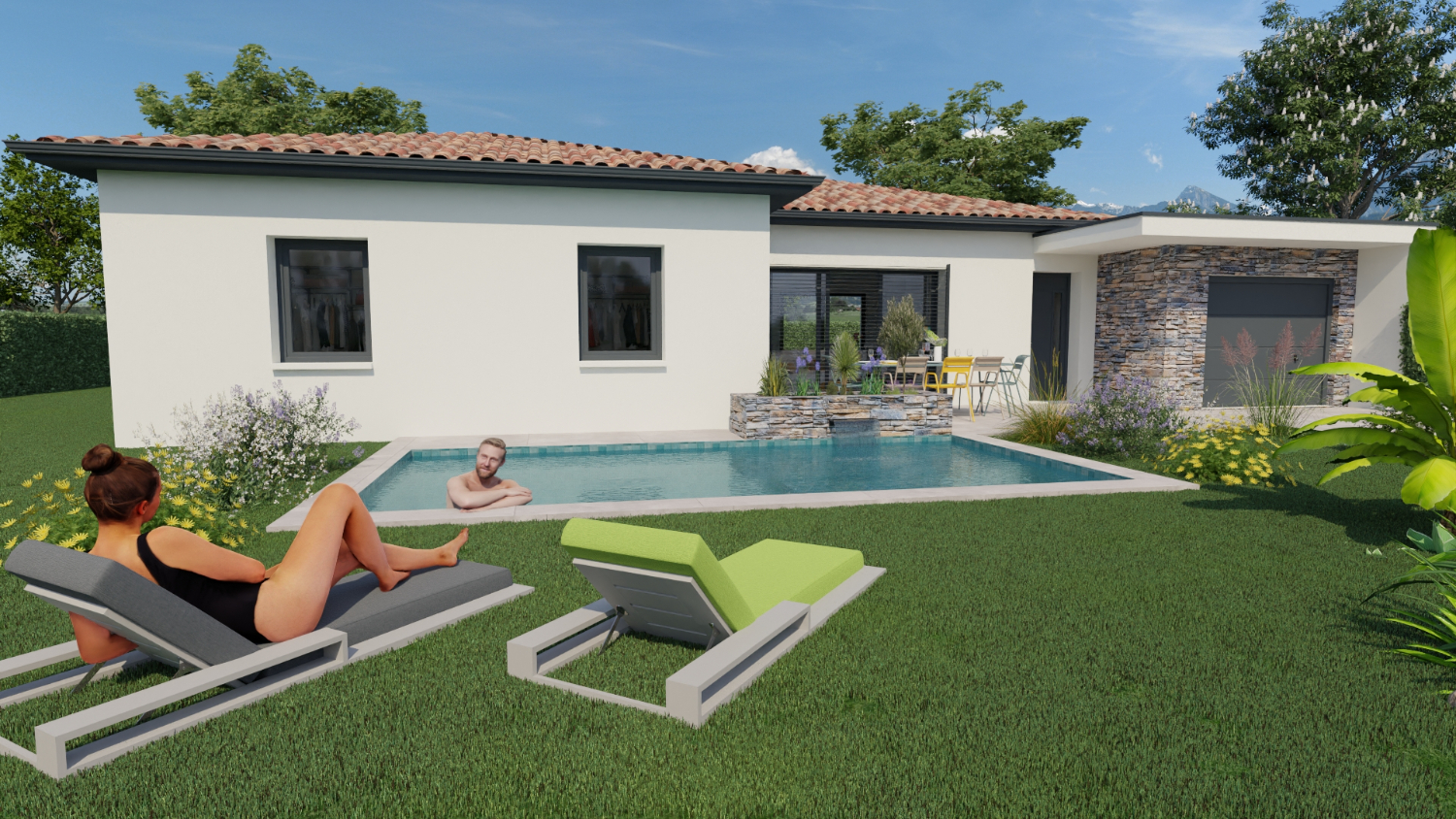 Vue jardin d’une maison contemporaine de plain-pied avec piscine et terrasse, construction Maisons Passion