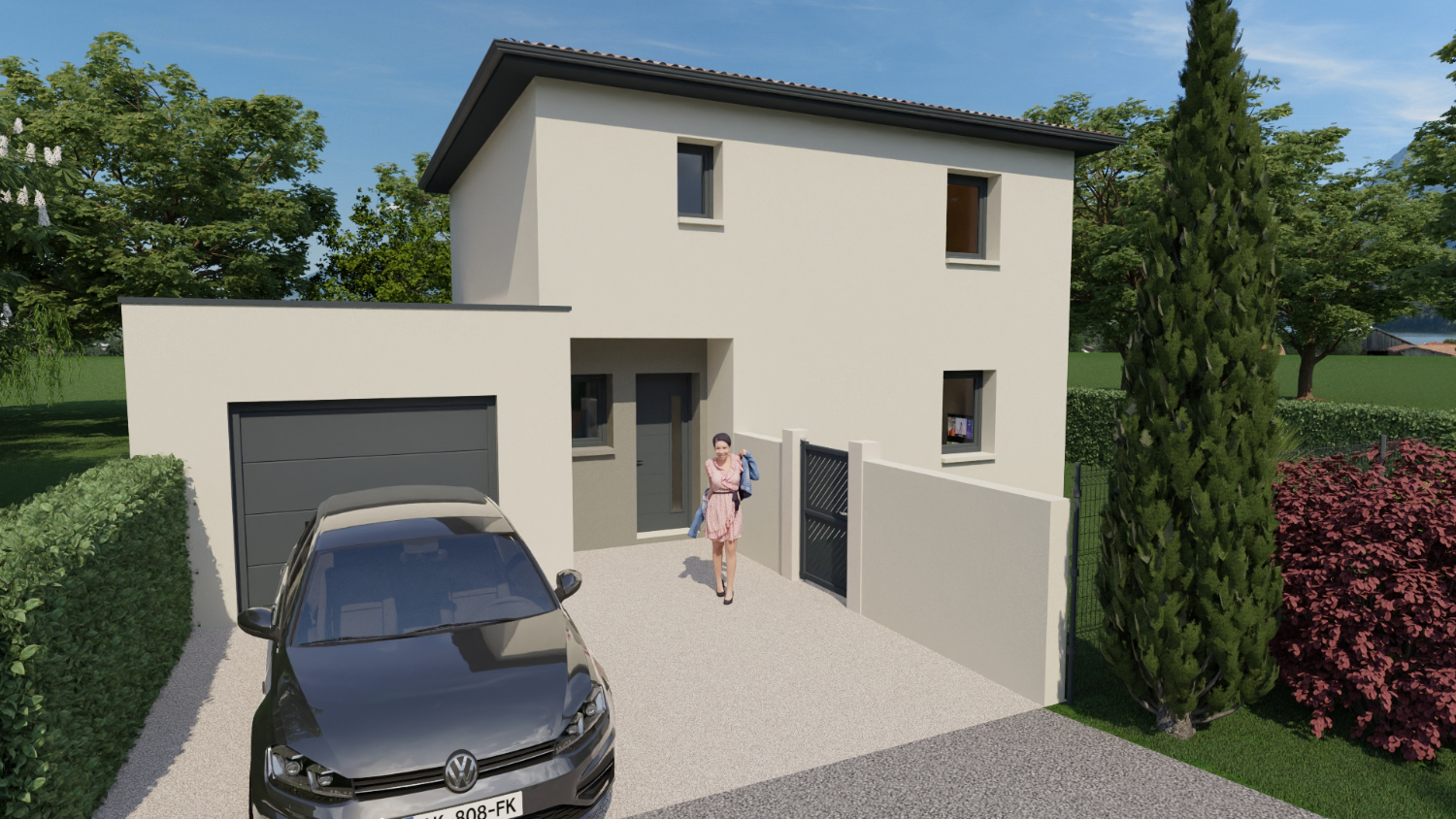 Vue extérieure côté entrée d’une maison à étage de 90 m² avec 3 chambres et garage