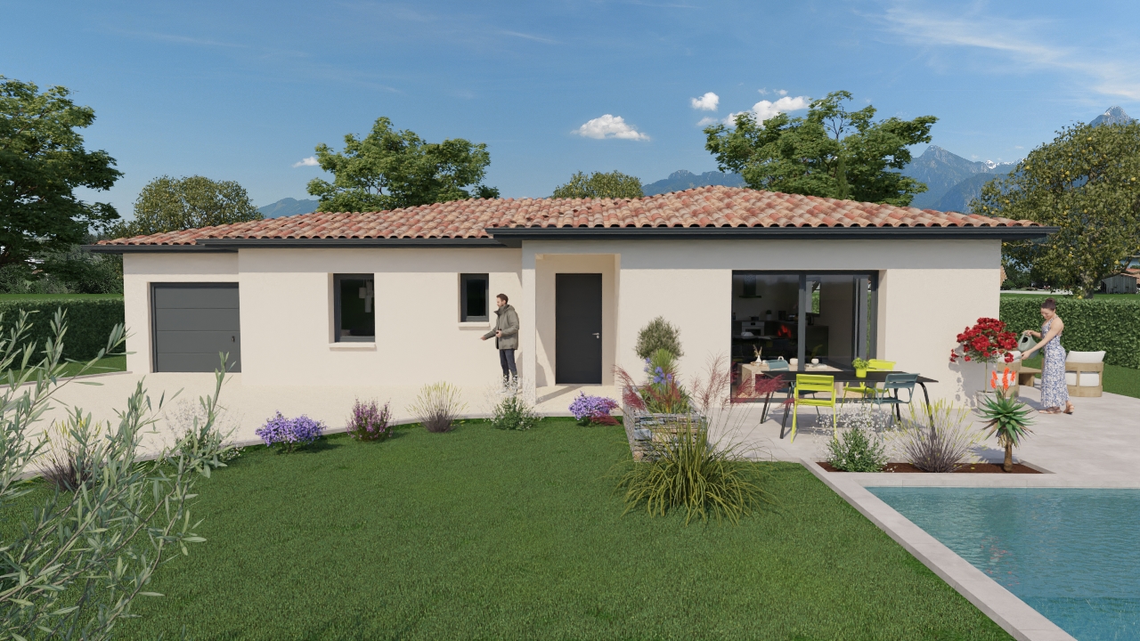 Façade avant maison contemporaine plain-pied 3 chambres avec garage intégré et terrasse – Maisons Passion