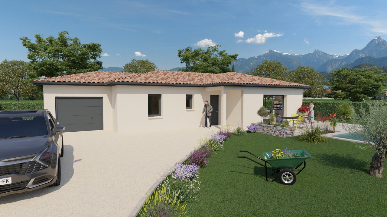 Maison contemporaine plain-pied en L avec garage et jardin paysager – Constructeur Maisons Passion Drôme