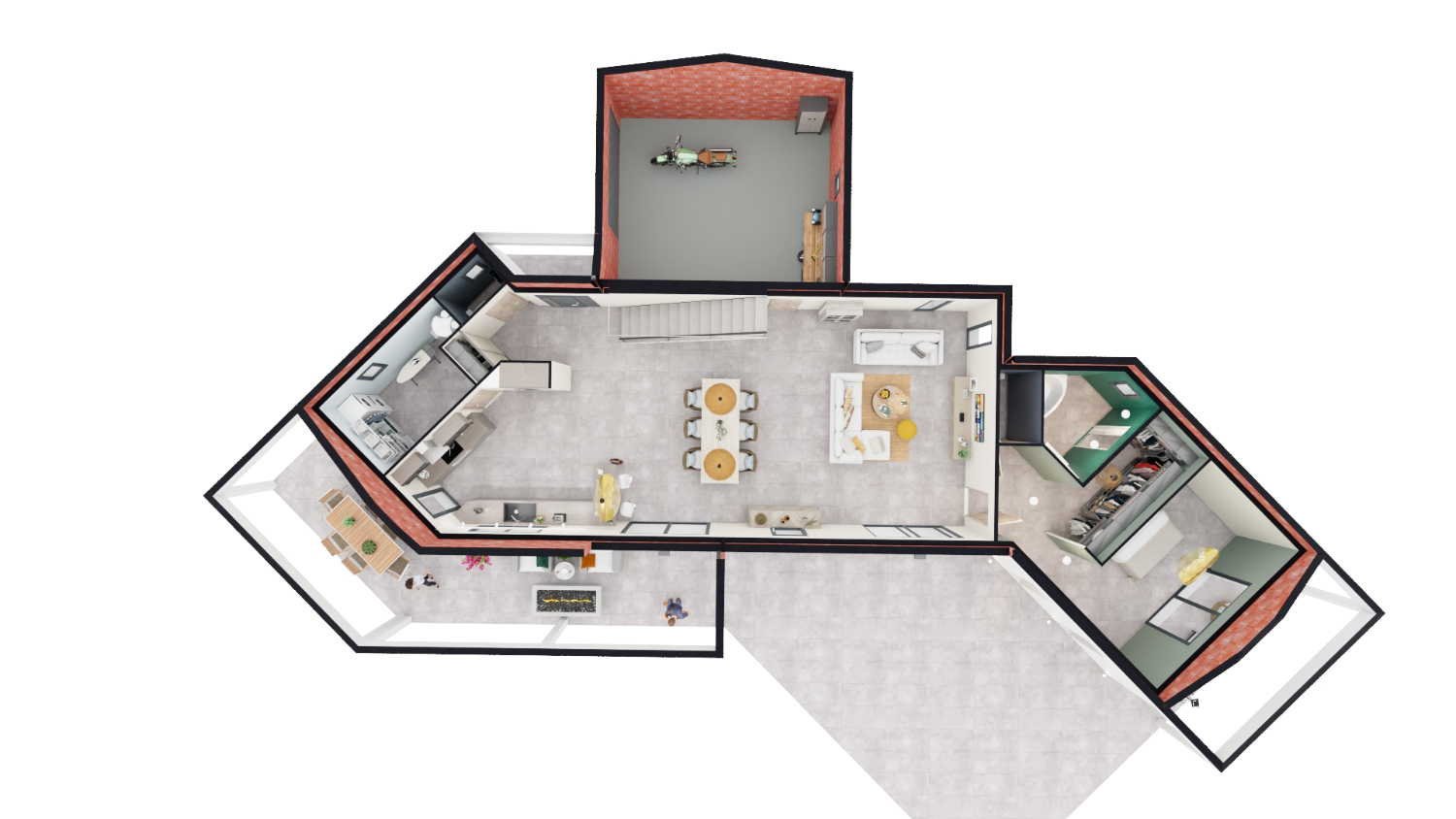 Plan 3D rez-de-chaussée villa contemporaine 164 m² avec pièce de vie, suite parentale et garage – Maisons Passion