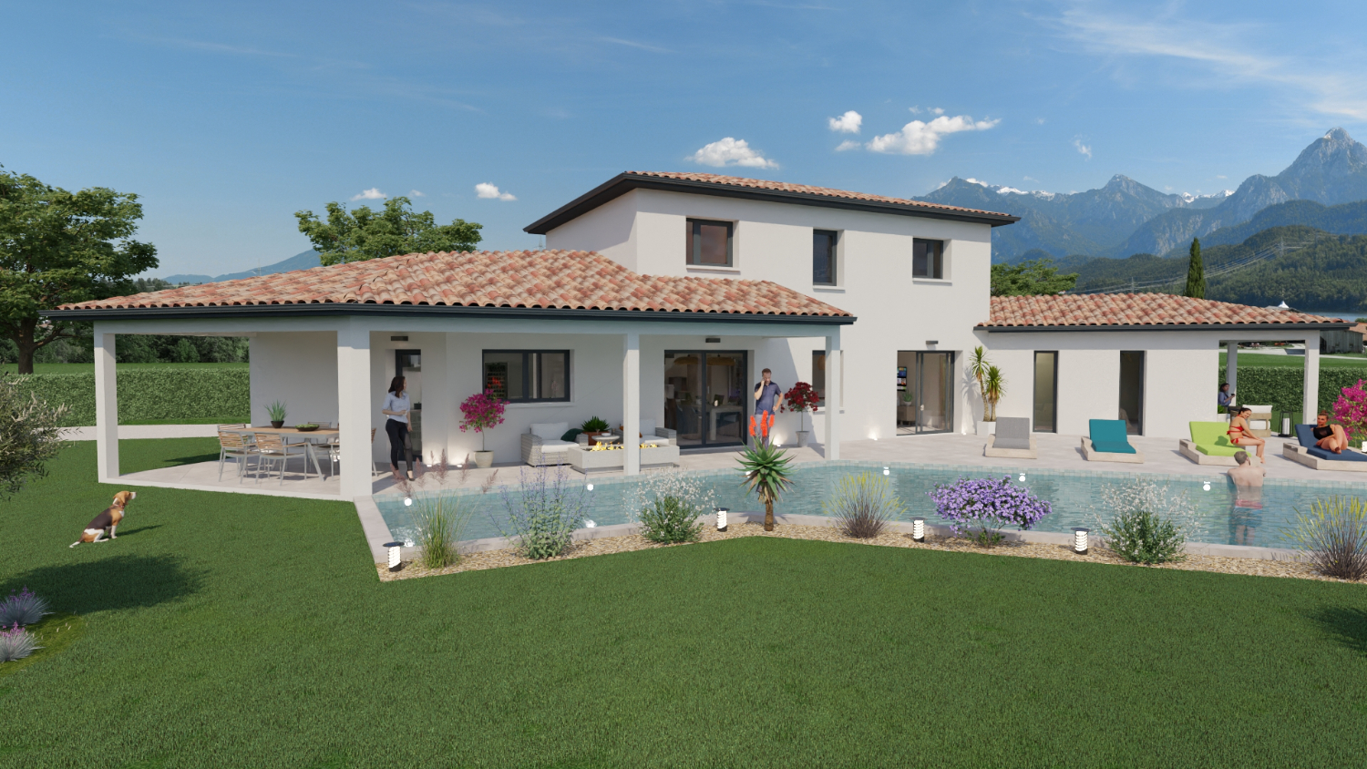 Villa contemporaine à étage 164 m² avec grande terrasse couverte et piscine – Maisons Passion