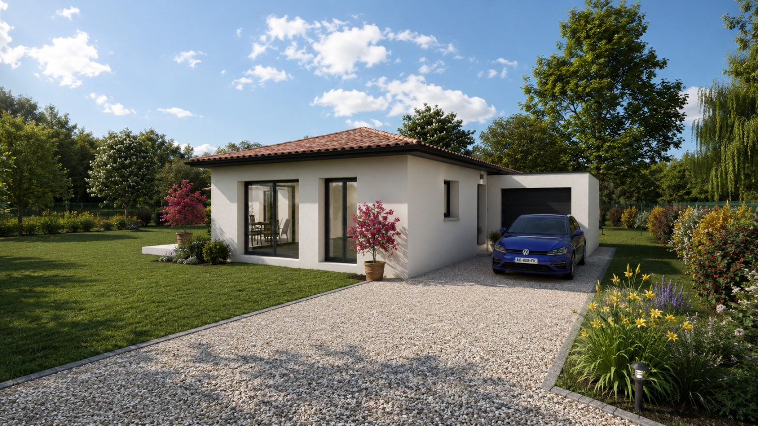 Maison contemporaine en L avec grande pièce de vie et terrasse