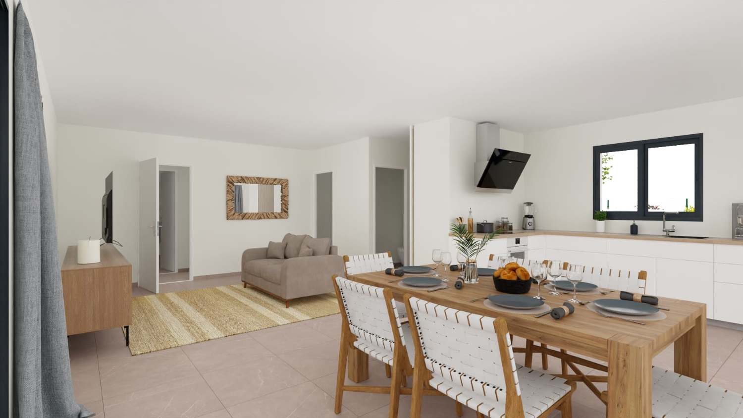 Maison contemporaine en L avec grande pièce de vie et terrasse