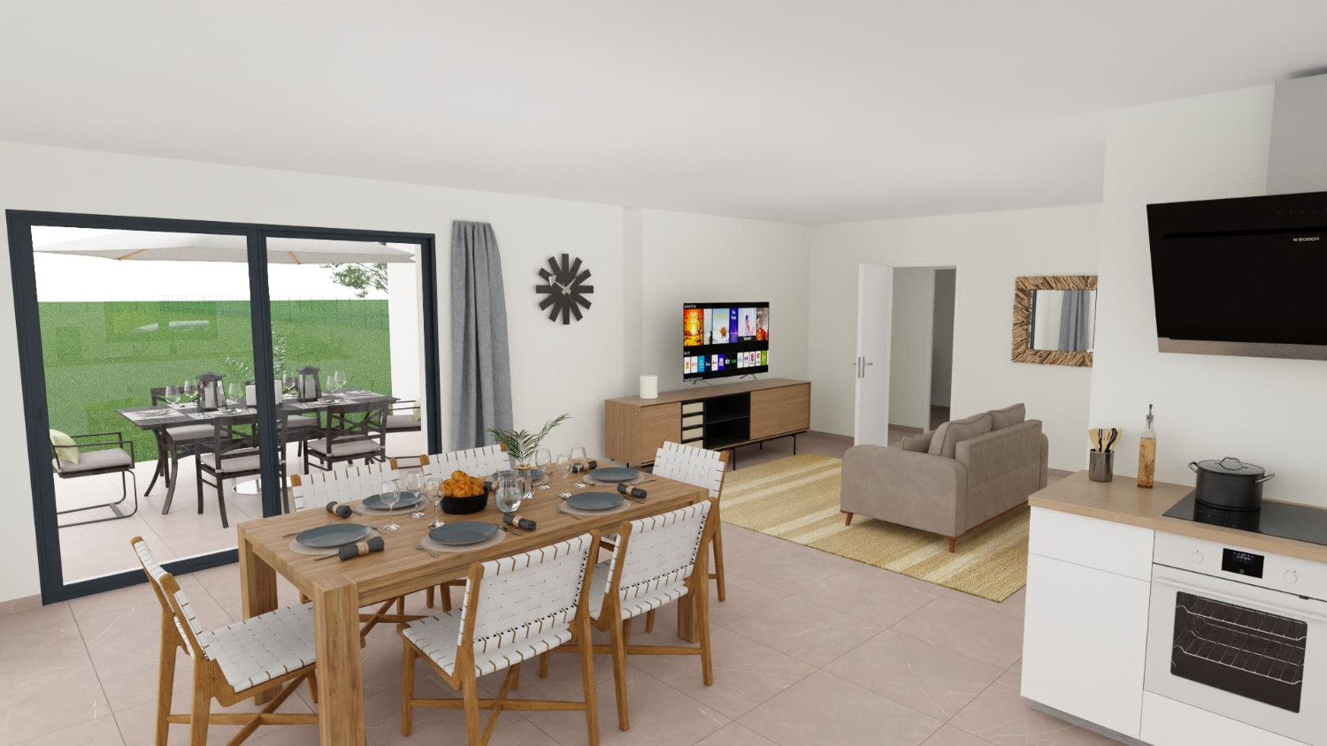 Maison contemporaine en L avec grande pièce de vie et terrasse