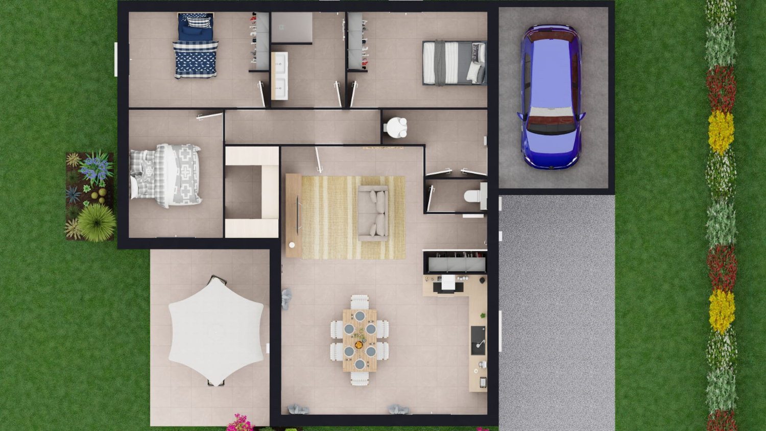 Maison contemporaine en L avec grande pièce de vie et terrasse