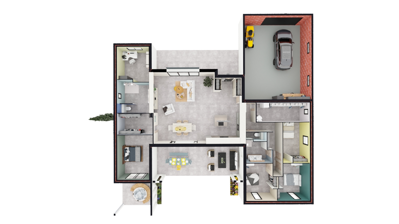 Maison contemporaine en U avec patio et grande pièce de vie