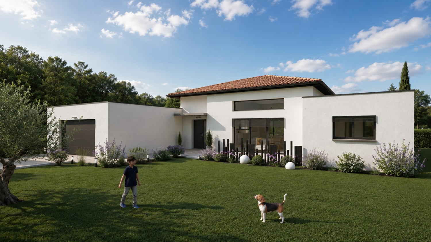 Maison contemporaine en U avec patio et grande pièce de vie