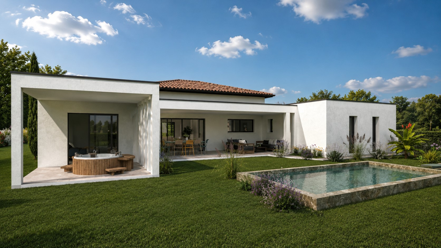 Maison contemporaine en U avec patio et grande pièce de vie