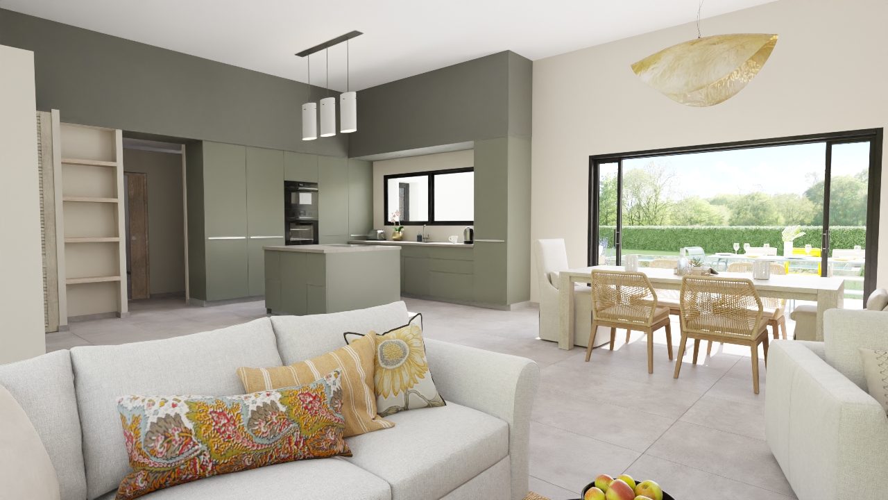 Maison contemporaine en U avec patio et grande pièce de vie