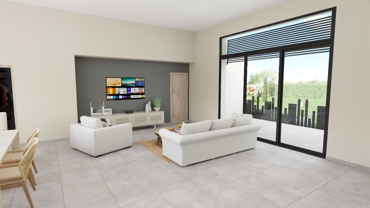 Maison contemporaine en U avec patio et grande pièce de vie